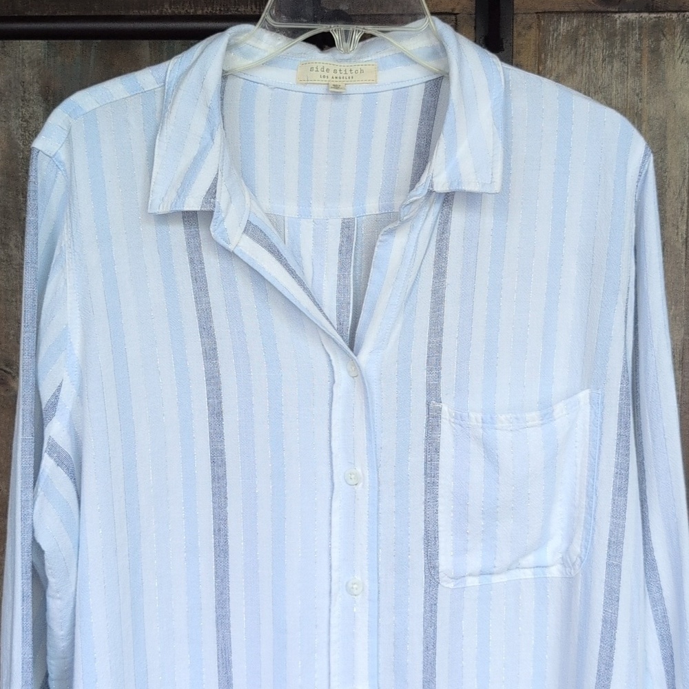 Side Stitch Linen Blend Blue & Metallic Striped Button Down - Women's Large - Picture 2 of 5